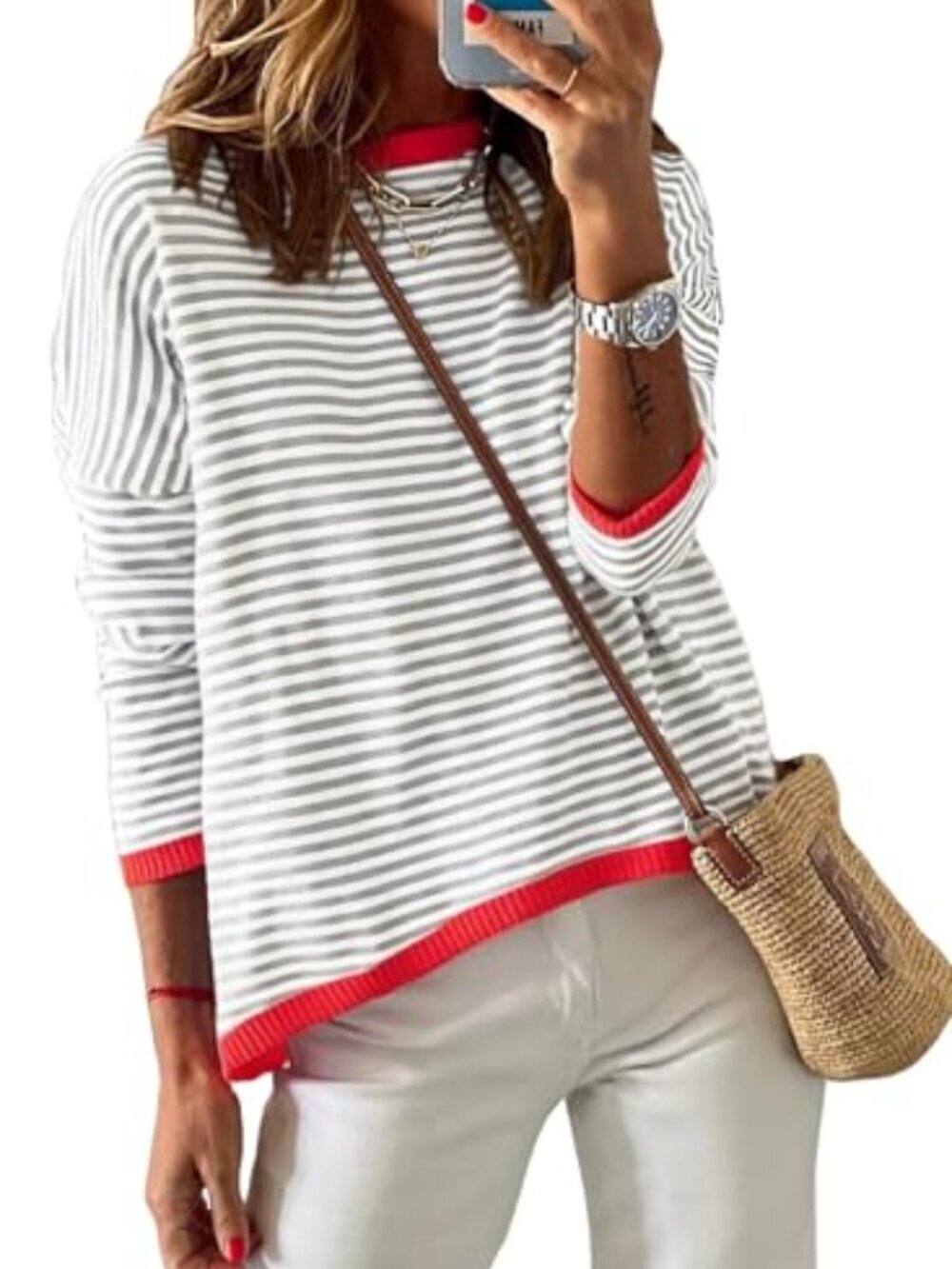 🆕 Womens Sweaters Fall Casual Crewneck Long Sleeve Striped Color Block Shirts